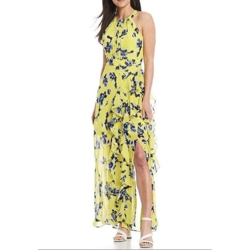 Eliza J Halter Dress Size 10 Yellow Floral Sleeveless Ruffle Maxi